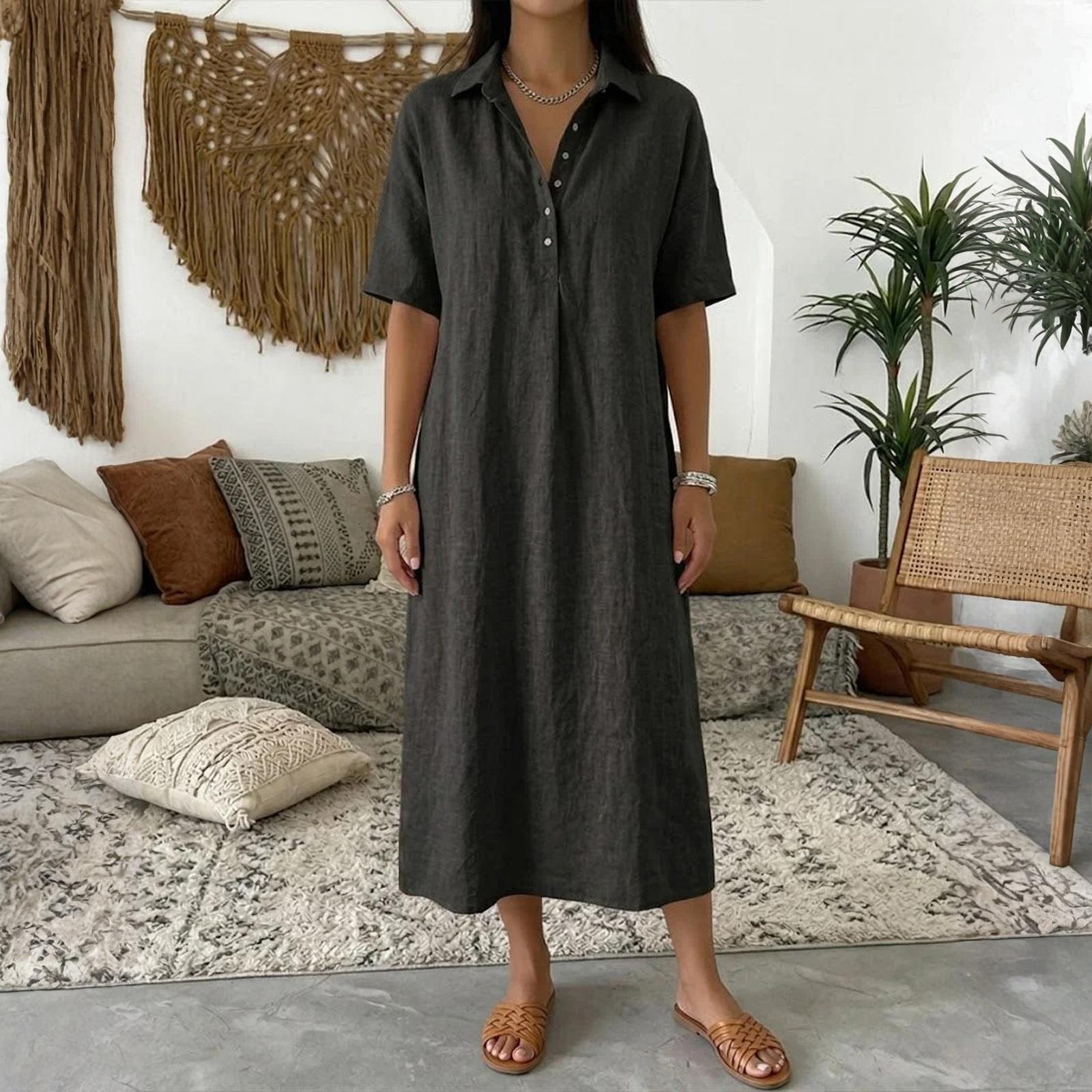 

Женское прямое и удобное льняное платье с V-образным вырезом и коротким рукавом L чёрный