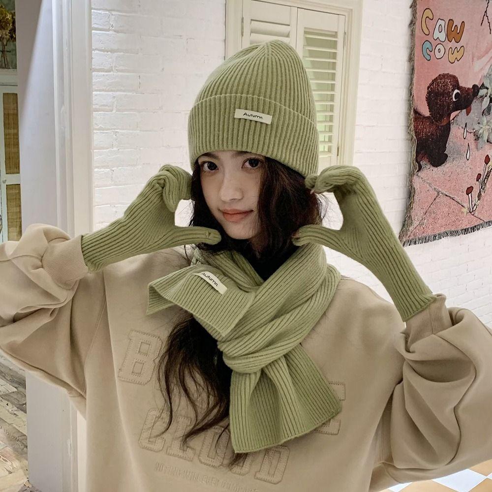 Solid Color Hat Scarf Gloves Set Warm Winter Beanie Hat Neck Protector Thermal Knit Cap  Skiing