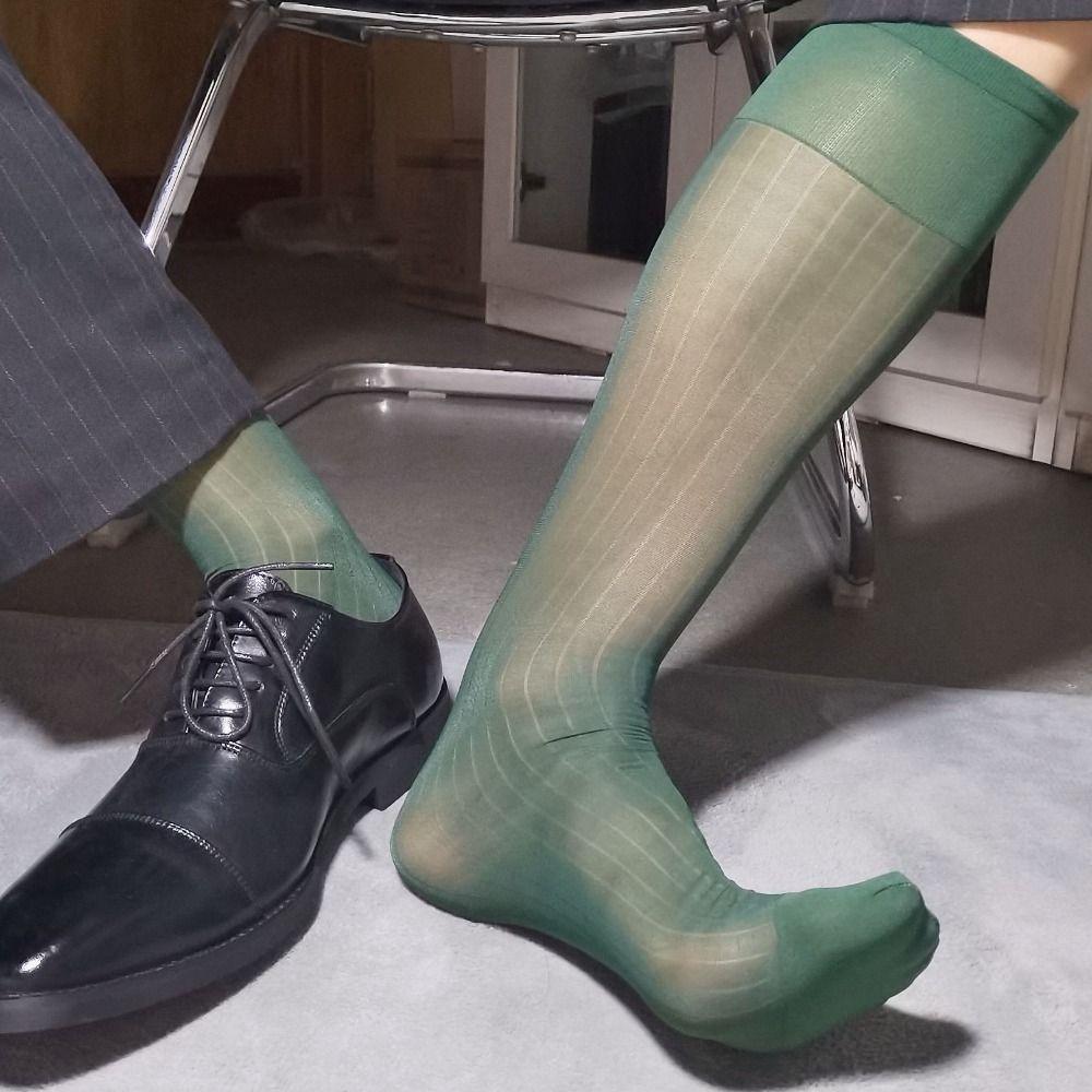 Sheer Men Thin Dress Tube Socks Middle Tube Thin Solid Color Business Stockings Translucent Hosiery Wide Striped Silk Socks