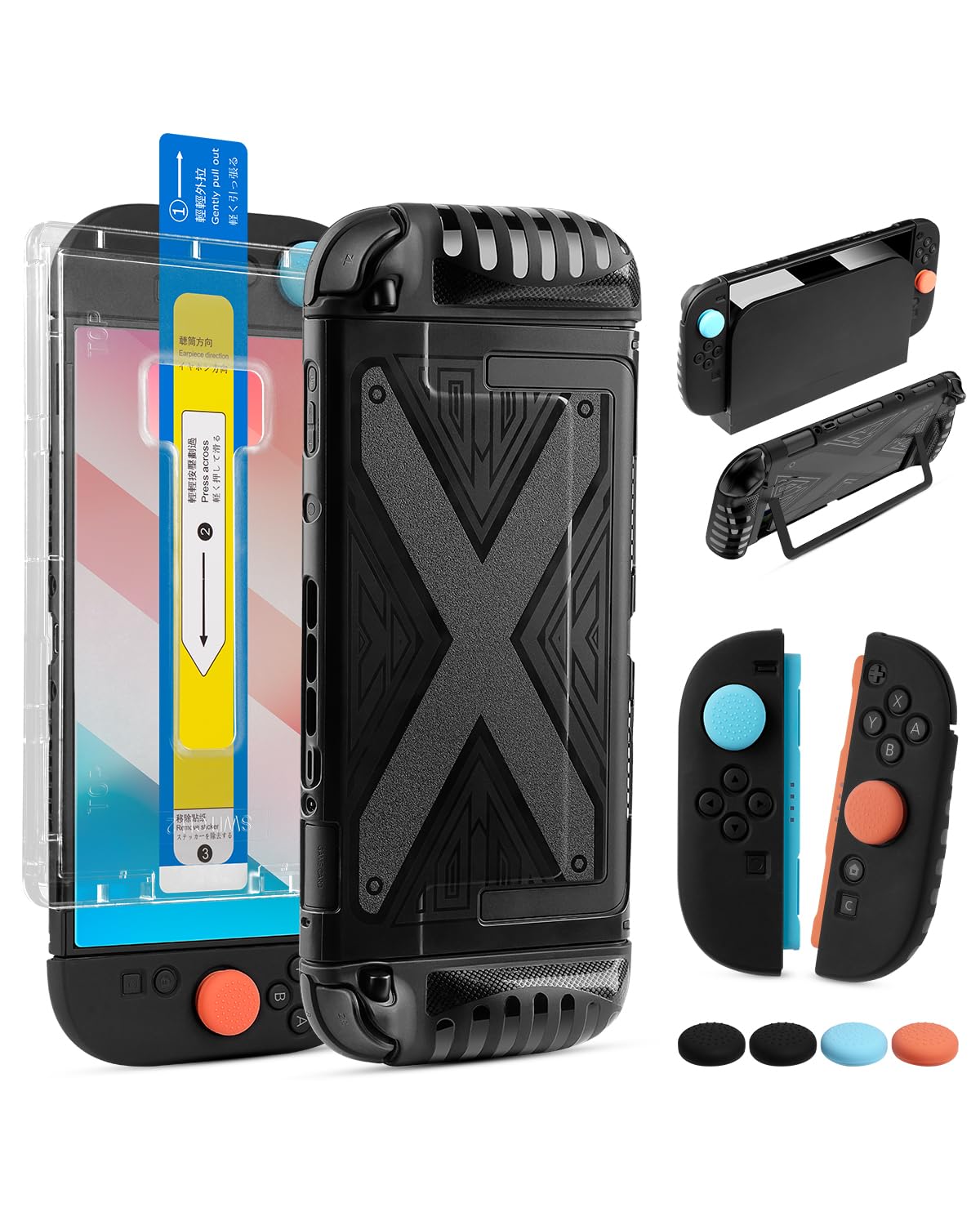 

Nintendo Switch 2 Стекло Разделение экрана ПК TPU Грип и 4 стика Также совместим со Switch 2 и 9H Высокий Легкий экран и чехол J-PREMIS, в комплекте чёрный