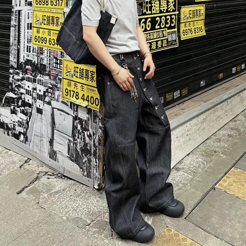 Mens Baggy Straight Fit Denim Jeans With Curved Button Row Retro Style Water Washed Cotton Blend