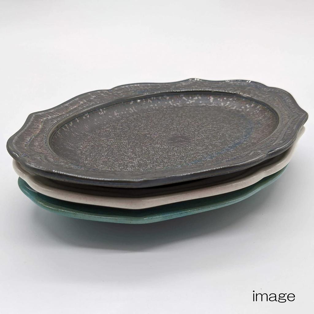 Utsuwa Roan Mino Ware "cadre" Oval Plate with Relief Pattern, Approx. 25 X 18 Cm Diameter, Silver-Black, Iridescent, Made In Japan, Microwave Safe, 51