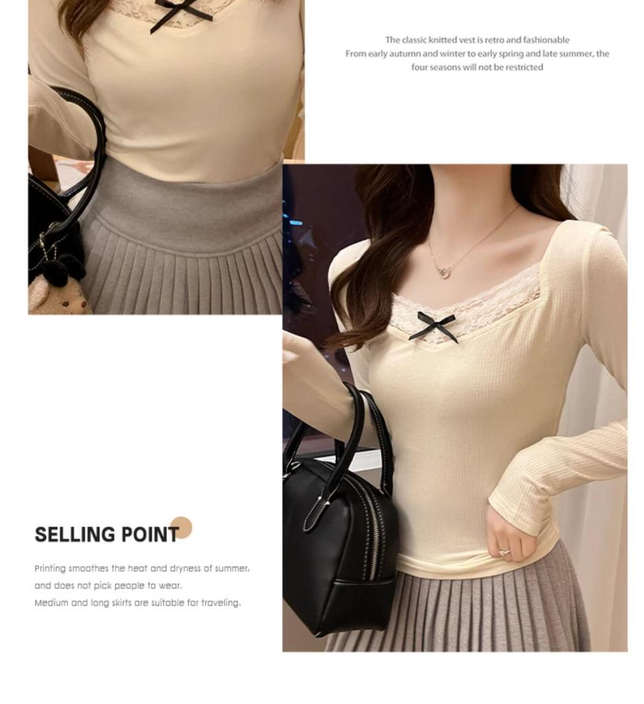 Lace Spliced Brushed Warm Long-Sleeve Women's T-Shirt, Slim Fit, Perfect for Autumn/Winter Layering or Solo Wear.