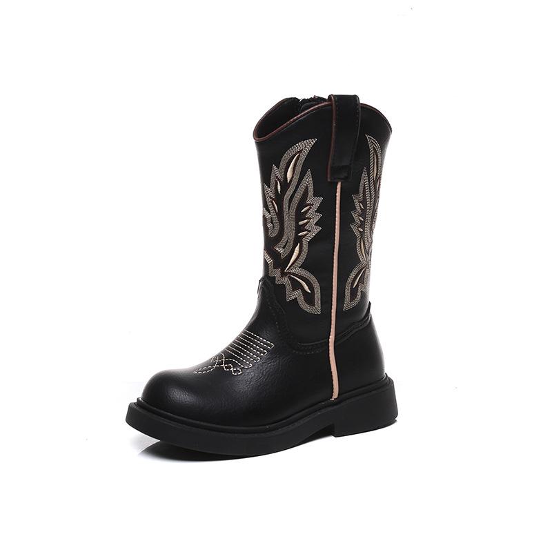 Children s Retro Brown Embroidered Chelsea Boots - Soft Sole Mid-Calf Denim Leather for Girls 29