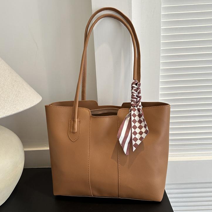 Solid Color PU Leather Large Capacity Tote Bag, Checkered Striped Silk Scarf Decor Long Handle Shoulder Bag For Women Office School Daily Commute