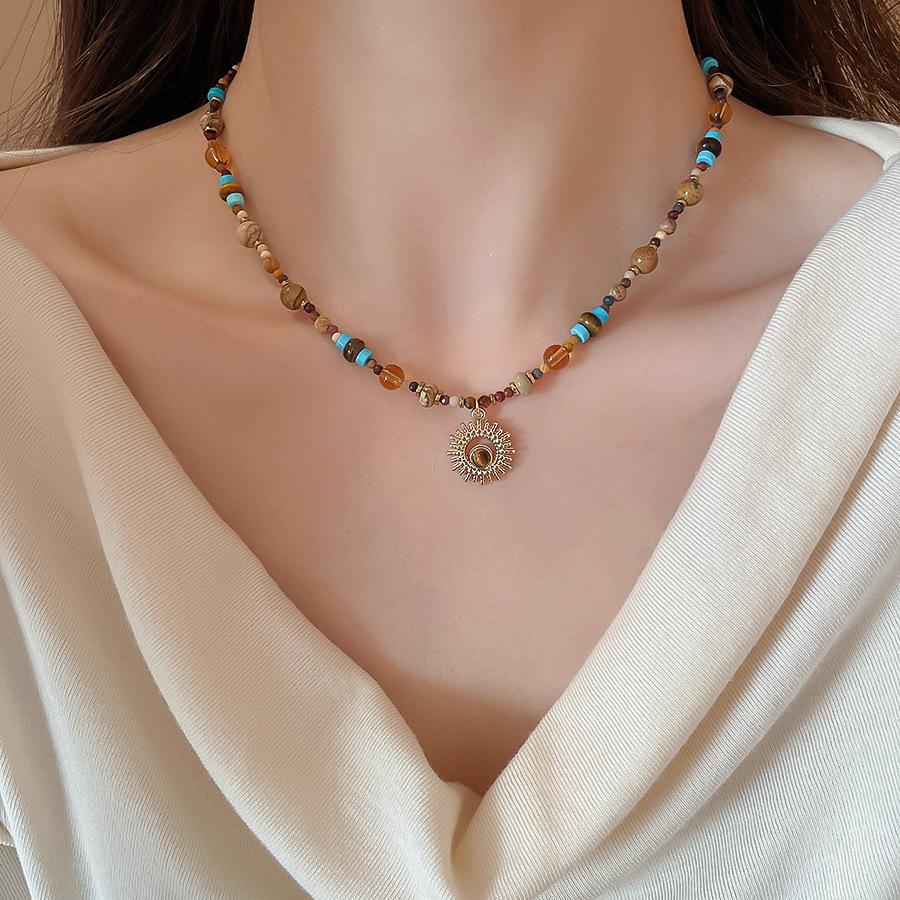 Vintage Natural Stone Sunflower Miyuki Bead Necklace Women Gold Plated Stainless Steel Choker Jewelry