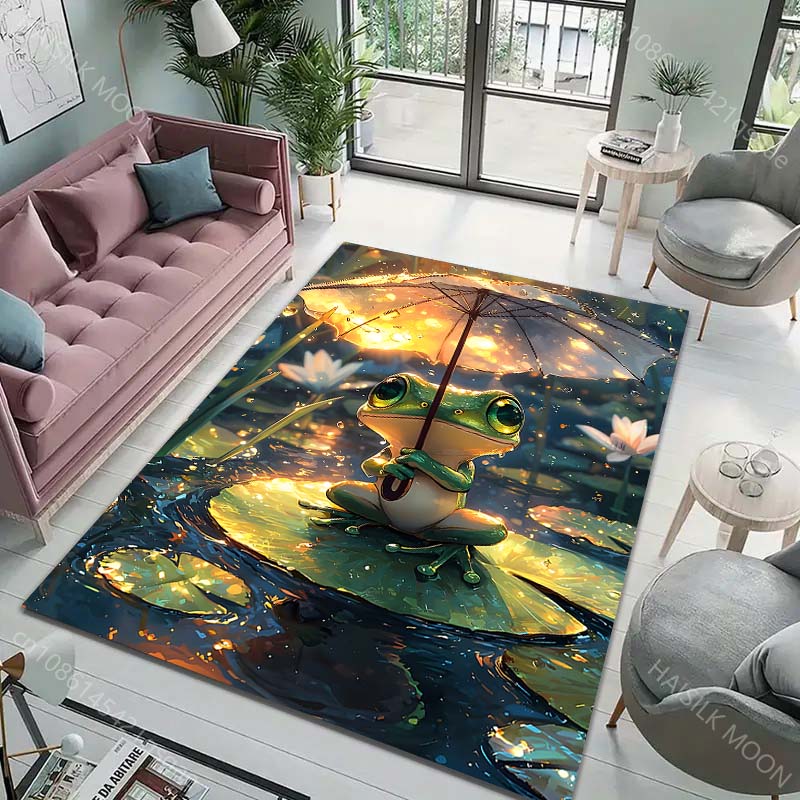 Multiple Sizes Frog with Umbrella On Lily Pad Print Carpet Rug for Living Room Bedroom Sofa Doormat Home Decor Non-slip Mat