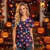 Women's V Neck Short Sleeve Work Top with Pockets Halloween Print Nurse Uniform Scrub Shirt for Healthcare Professionals