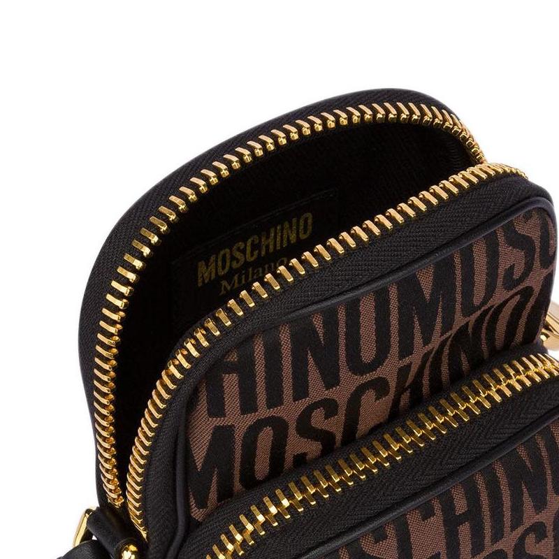 Moschino Gold Logo All Over Print Zipper Pocket Cotton Polyester Shoulder Crossbody Phone Bag Men bags Brown Black A81018268-1103