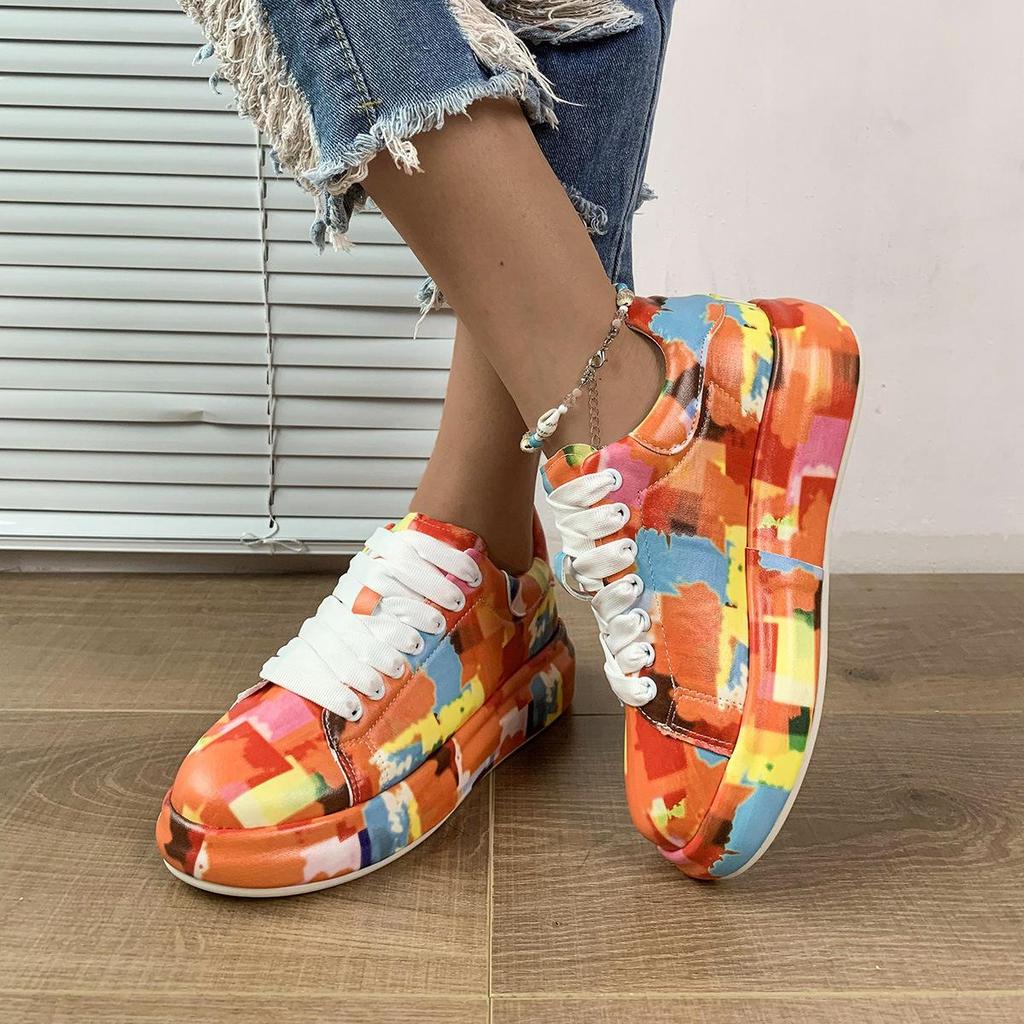 Sportschuhe mit Graffiti-Print für Damen, modische Plateau-Sneaker mit Schnürung und niedrigem Oberteil, lässige Skateschuhe