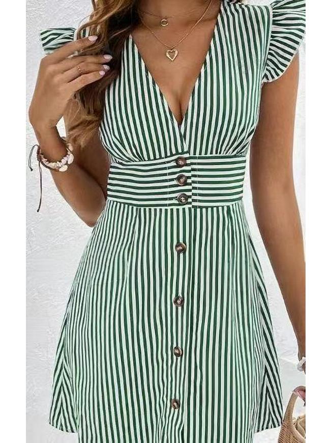 European American Women's Striped V-Neck Flutter Sleeve Dress - Summer Fashion 