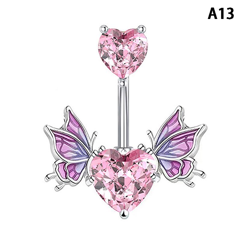 Pink Zircon Belly Button Rings Dangle Heart Butterfly Navel Piercing Stainless Steel Belly Bar For Women Body Piercing Jewelry