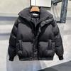 Mens Winter Thickened Stand Collar Puffer Jacket Black Loose Fit Streetwear Short Coat Warm Cotton Filled