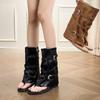 Women's Fashion Summer Boots Women's Wedge-heeled Sandals Retro Roman Leather Mid-collet Toe Pants Tube Boots Sandalias De Mujer