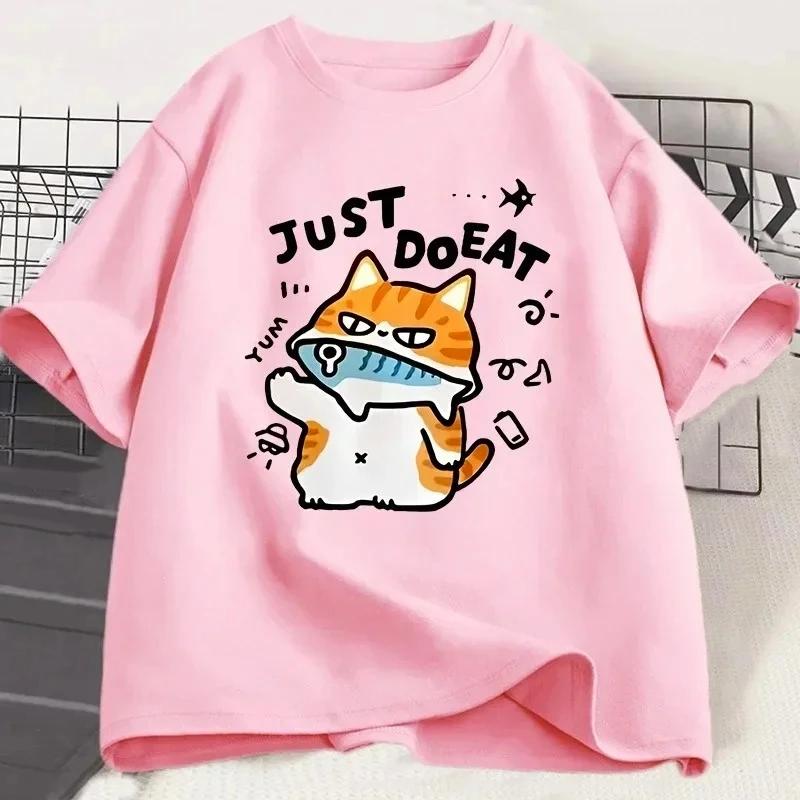 

Funny Cat Eat Fish for Women Summer Tops Tshirts Oneck Women Clothing Streetwear Short Sleeve Fashion Street Clothes S