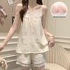 2026 Summer Women's Pajamas with Built-in Bra - Cloud Cotton Princess Camisole & Sweet Lapel Home Wear Set