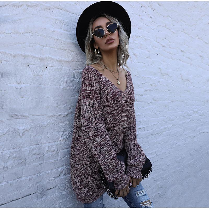 Autumn Winter Sweater Ladies Pullover V-neck Long Sleeve Mid-length Black Luxury Women's Sweaters