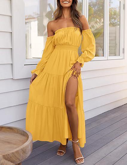 European and American new bohemian sexy off-the-shoulder dress with pleated side split long skirt