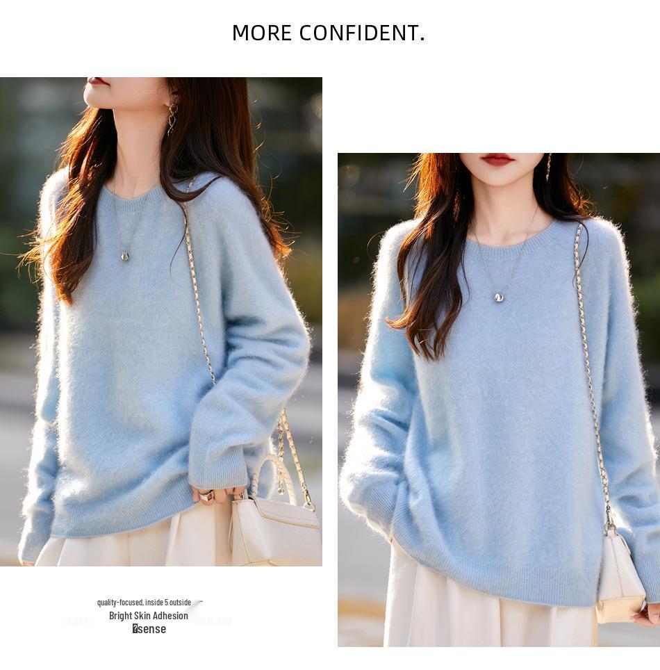 Women's Seamless Cashmere Wool Blend Crew Neck Sweater - Brushed Knit One-Piece Base Layer for Fall/Winter