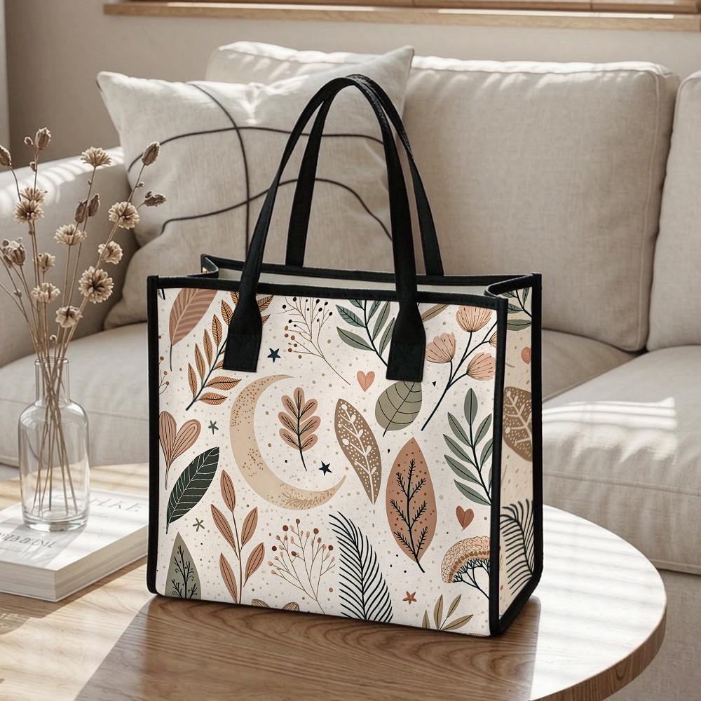 Boho Moon Leaf Print Tote Bag for Women Casual Daily Outdoor Shoulder Handbag Stylish All Match Shopping Purse
