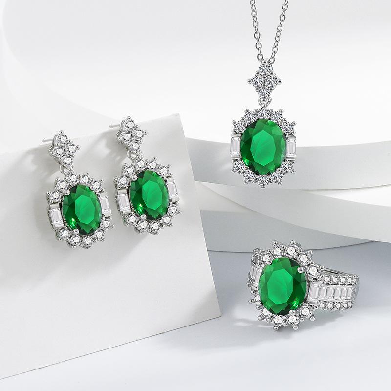 2026 Инкрустированный Циркон Высококачественный Изумрудный Трехкомпонентный Кольцо, Ожерелье, Серьги для Женщин, Универсальные Украшения 45CM