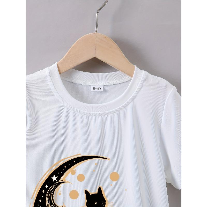 Girls' Summer Short-Sleeve T-Shirt with A 'Beautiful Moon Cat' Print