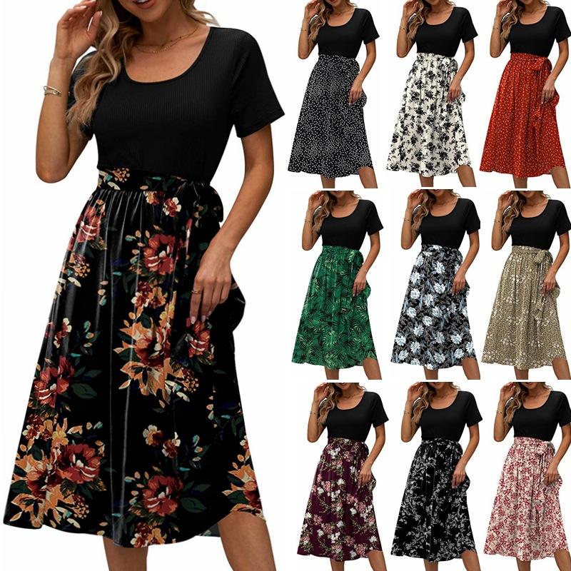 Summer Women's Dress Round Neck Splicing Lace-up Print Short-sleeved Casual Dresses