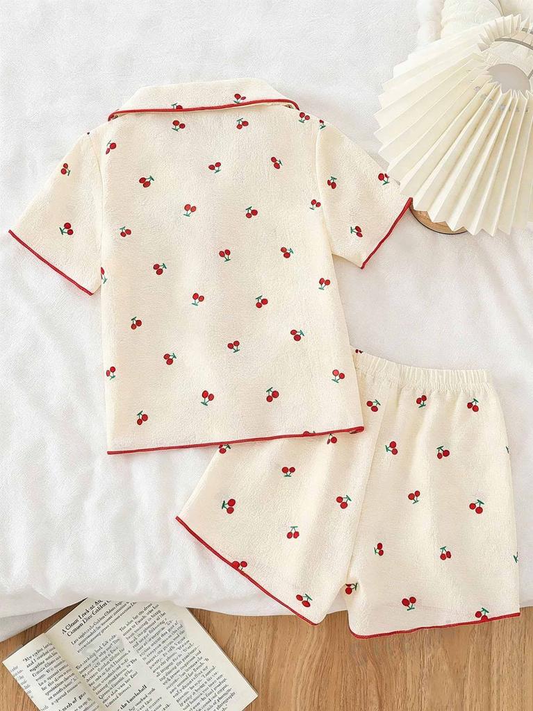 Girls Cherry Print Pajama Set, Short Sleeve Button Down Top & Shorts Sleepwear for Kids 4-7Y