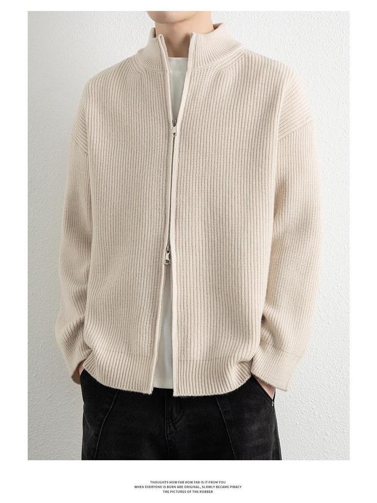 Men's Stand Collar Double Zipper Cardigan Sweater - High-End Lazy Style for Autumn and Winter