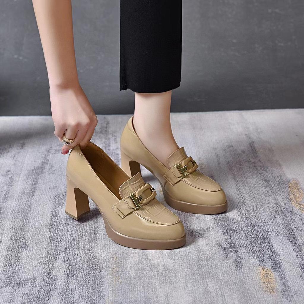 Pointed High Heels Women's Spring New Cow Patent Leather Deep Mouth Single Shoes One Pedal Thick Heel Fashion Shoes