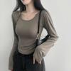 tops Women's Korean Fashion Tops Cut and Sew Long Sleeve Cropped Short Length Slim Stretch Plain Solid Color Affordable Simple Feminine Casual Autumn