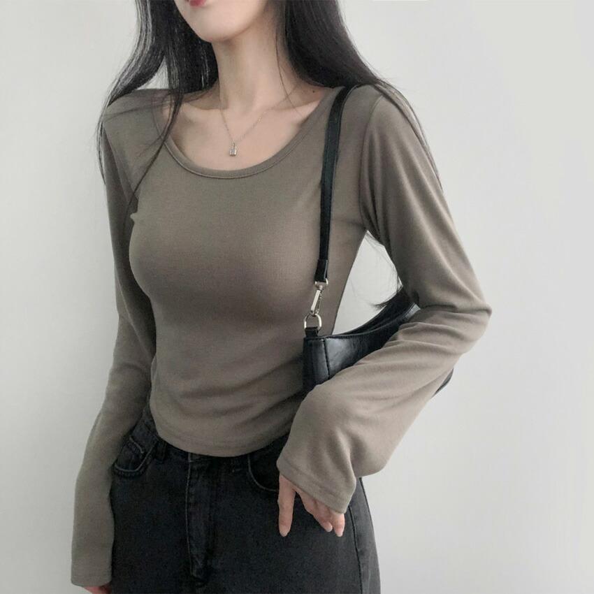tops Women's Korean Fashion Tops Cut and Sew Long Sleeve Cropped Short Length Slim Stretch Plain Solid Color Affordable Simple Feminine Casual Autumn