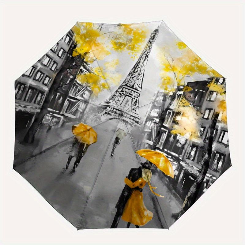 Automatic Open/Close Umbrella - Paris Eiffel Tower & Champs de Mars Scene, Compact Folding Umbrella with Travel Case, Windproo