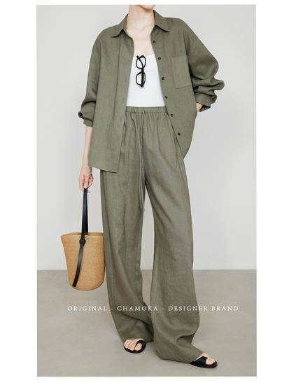 Women's White Straight-Leg Linen Pants, Elastic Waist, Spring/Summer Old Money Style, Extended Length.