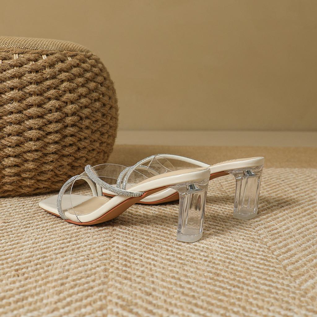 PVC summer new crystal sandals slippers women's thick heel middle heel transparent glass glue one-word belt drag women's shoes outside wear