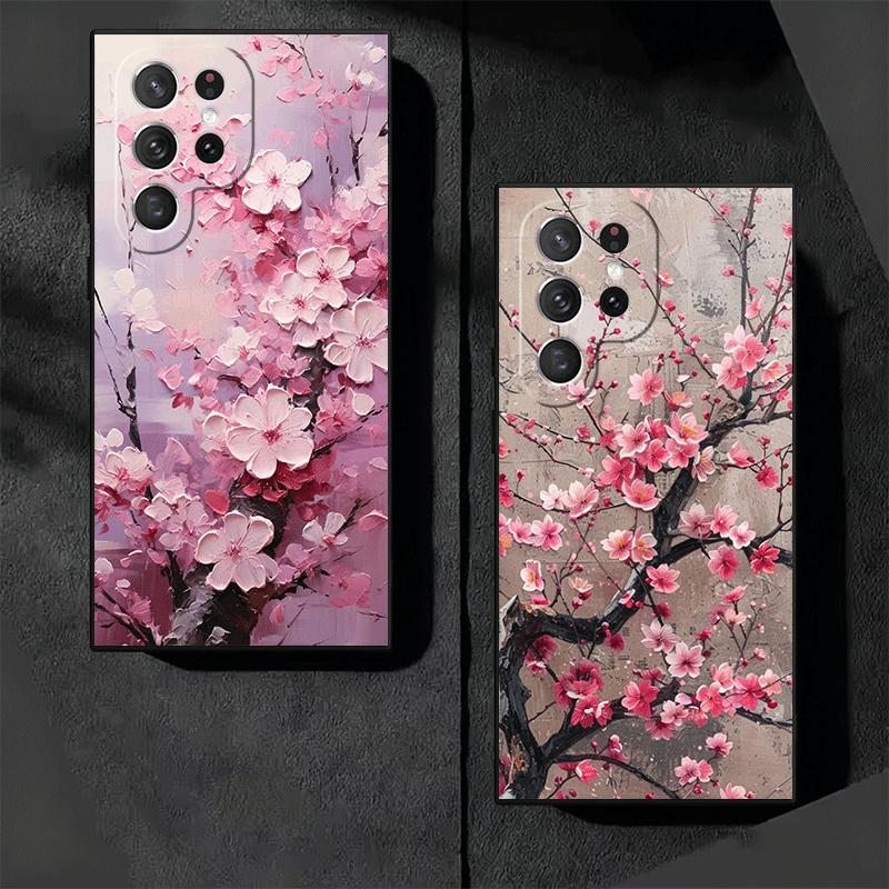 Cherry Blossom Sakura Fashion Soft Phone Case for Samsung Galaxy S26 S25 Edge S24 Ultra S23 Plus S22 S21 FE S20 Black Cover Back