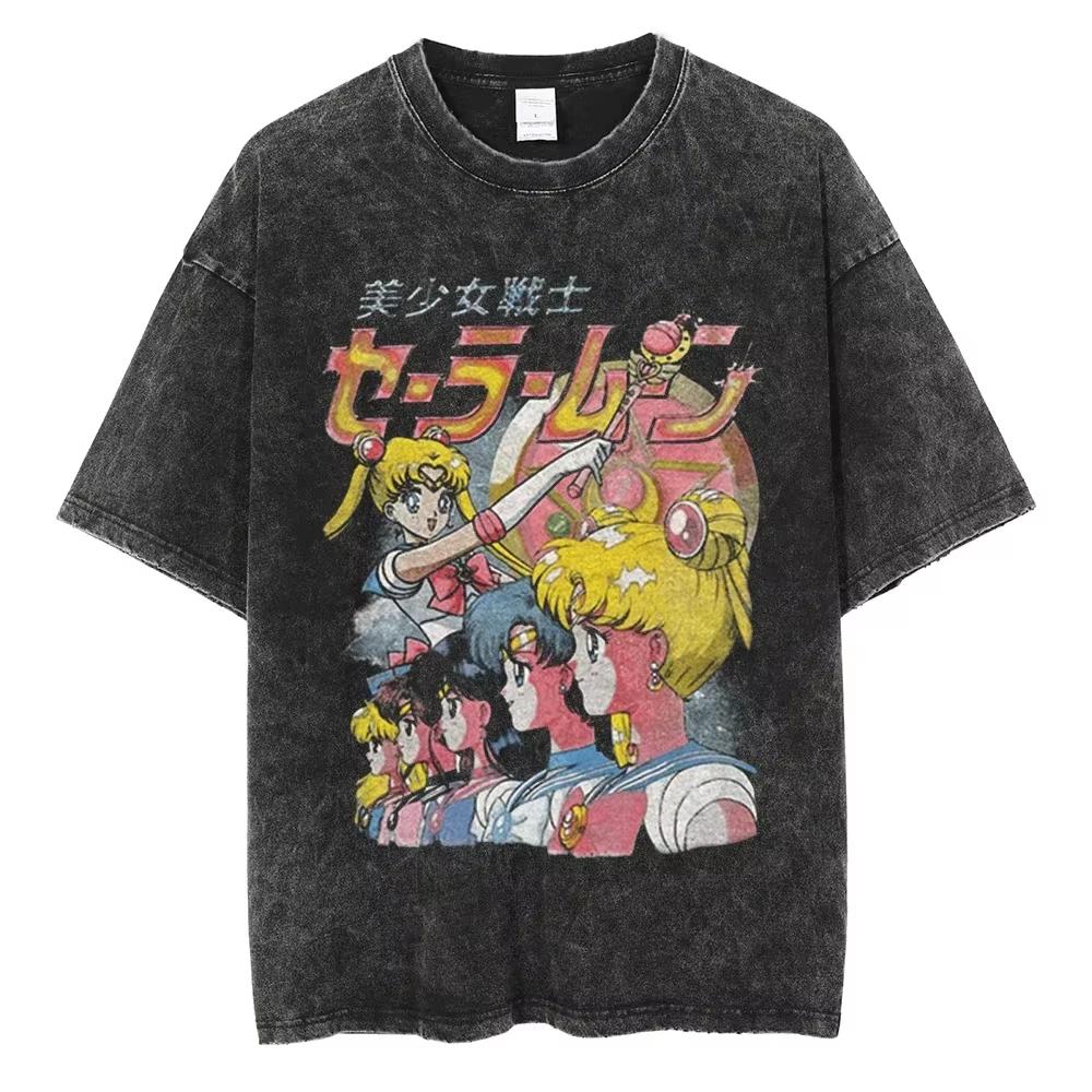 MINISO Maglietta Lavata Stampata Anime Sailor Moon Estate Nuova Cotone Uomo e Donna Larga Casual Retro Trendy Manica Corta Top