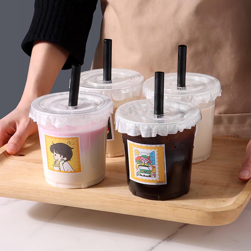 BJ Disposable Thickened Milk Tea and Coffee Cup with Lid, Straw, and Stickers