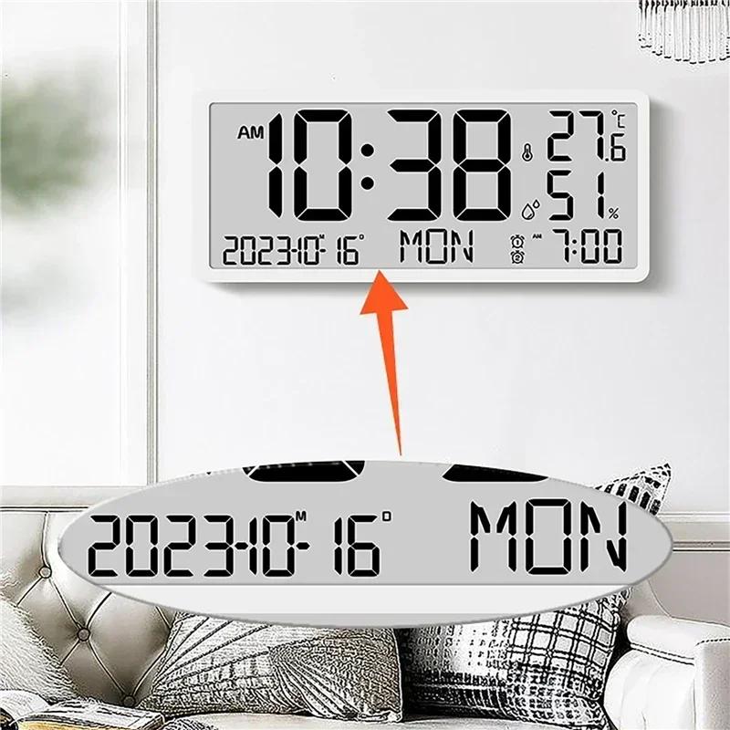 Battery Powered Large Screen LCD Digital Desktop Clock Temperature Humidity Electronic Clock Date Week Time Mute Wall Clock
