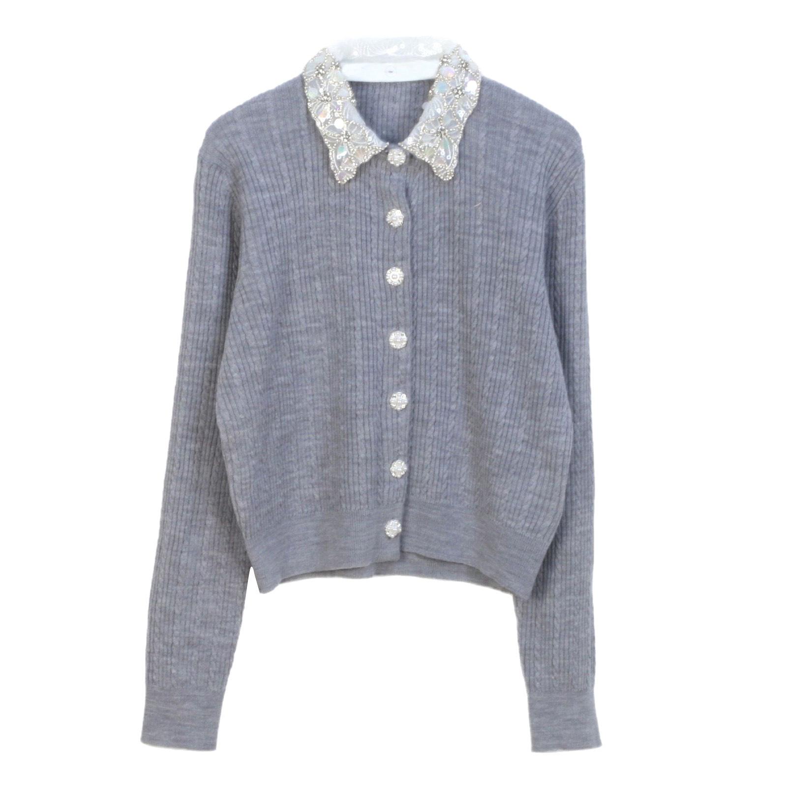

Весенний серый вязаный кардиган 2025 года с лацканом из пайеток и страз Medium