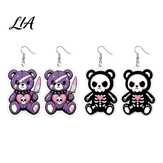 Halloween Party Costume Props 1 Pair Dangle Earrings for Women, 2D Acrylic Cute Gothic Cartoon Skeleton Bear Earrings, Funny Jewelry Holiday Accessory