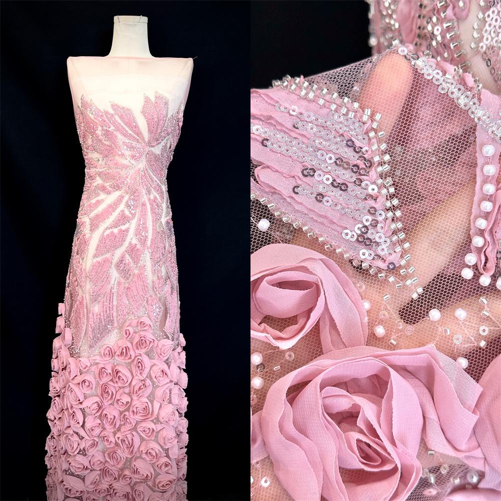 African 3D Flowers Sequin 2025 Latest Hot On Sale African French Party Lace Fabric Tulle Nigerian Beads Fabric For Wedding Dress