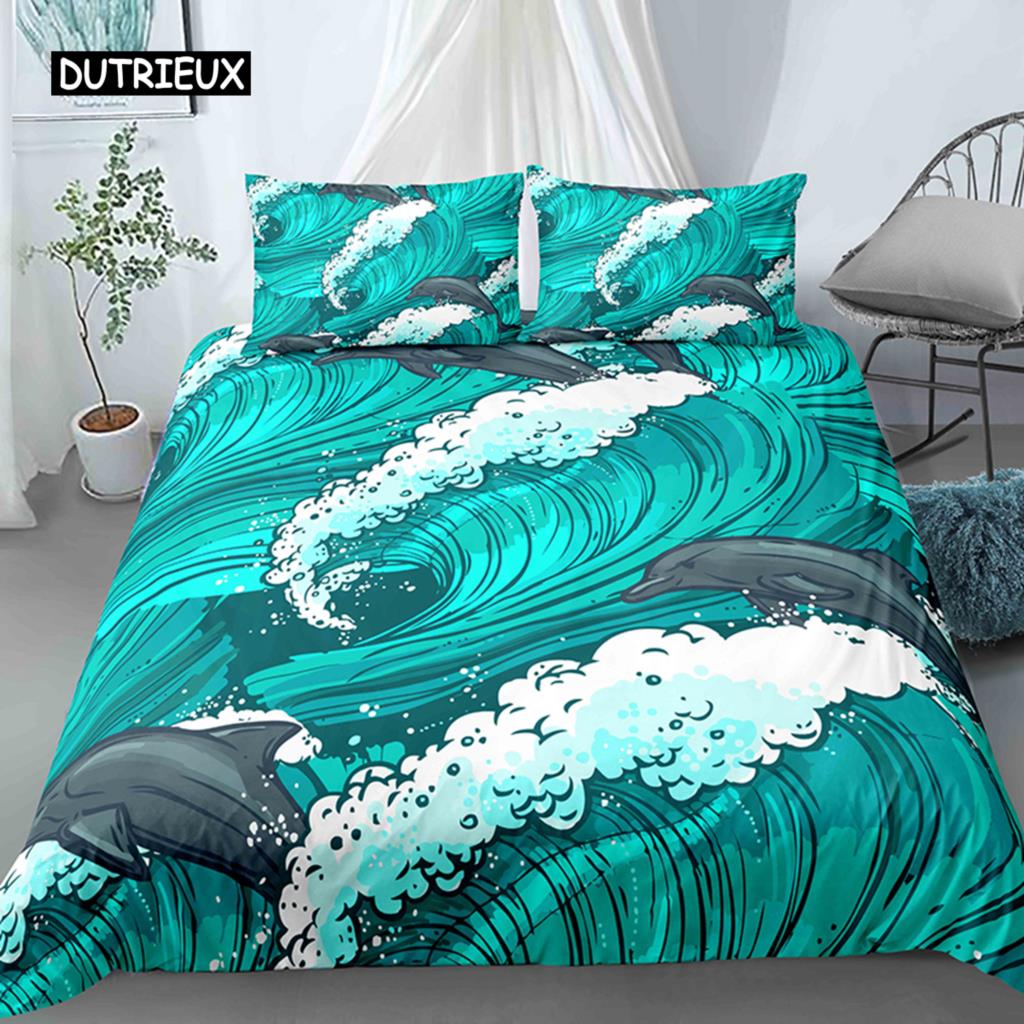 Ocean Wave Duvet Cover Set Beach with Foamy Waves Twin Bedding Set Polyester Sea Shore Holiday Theme Queen King Size Quilt Cover