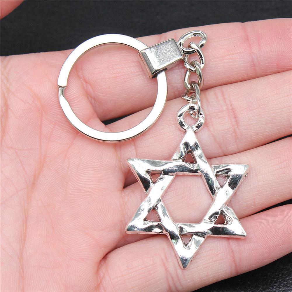 Star of David Talisman Amulet Pendant Antique Bronze Metal Keychain with 30mm Ring for Boys Bag Charm