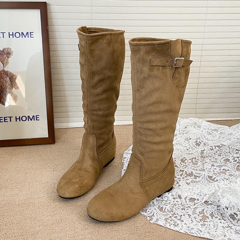 

Универсальные высокие ботинки-чулки для женщин на осень и зиму 2025 года, новая супер-огненная пряжка на ремне стройнит, а внутренняя высота увеличивает рост. 40 коричневый