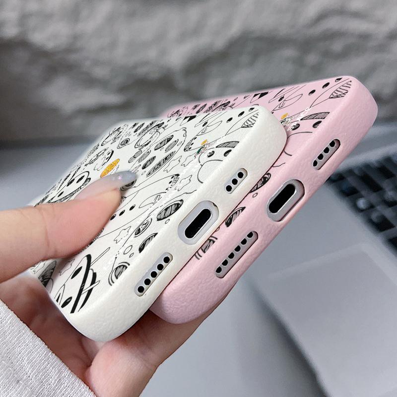 Cartoon Astronaut Pattern Leather Texture Phone Case for iPhone 16 Pro 15 14 13 12 Pro Max 11 Shockproof Tpu Soft Matte Slim Cover