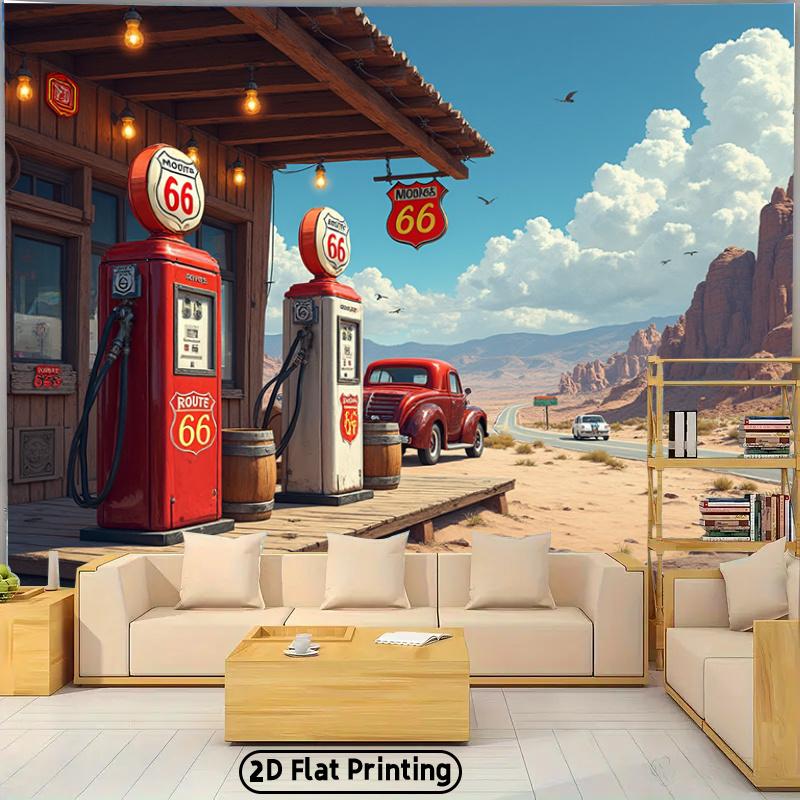2D plane, 1 piece of retro 66th Highway gas station background banner,suitable for themed parties, perfectly matching ro