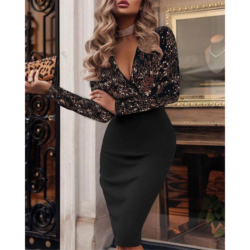 Women's Deep V Ruffle Hip Long Sleeves Dress Sequin