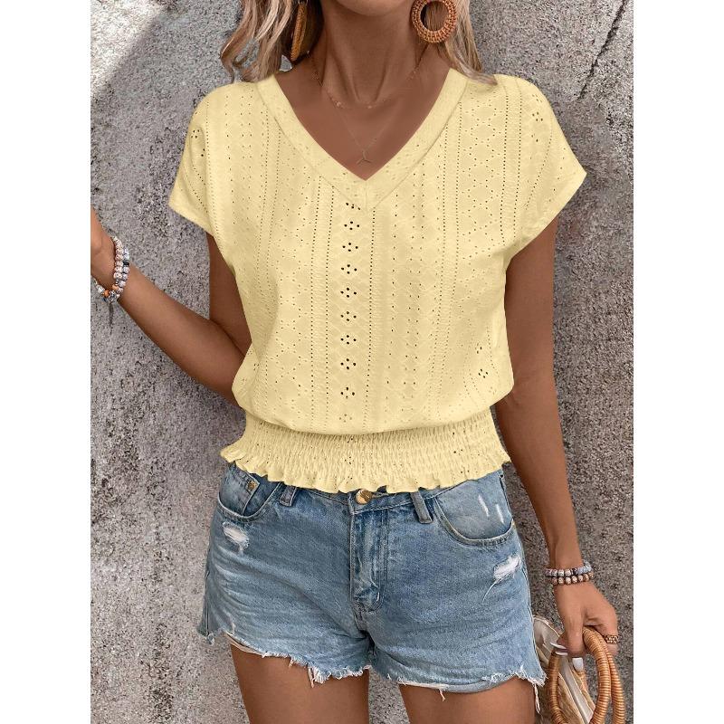 V-neck Jacquard Hollow Short Sleeve Fashion Casual Tops Women’s