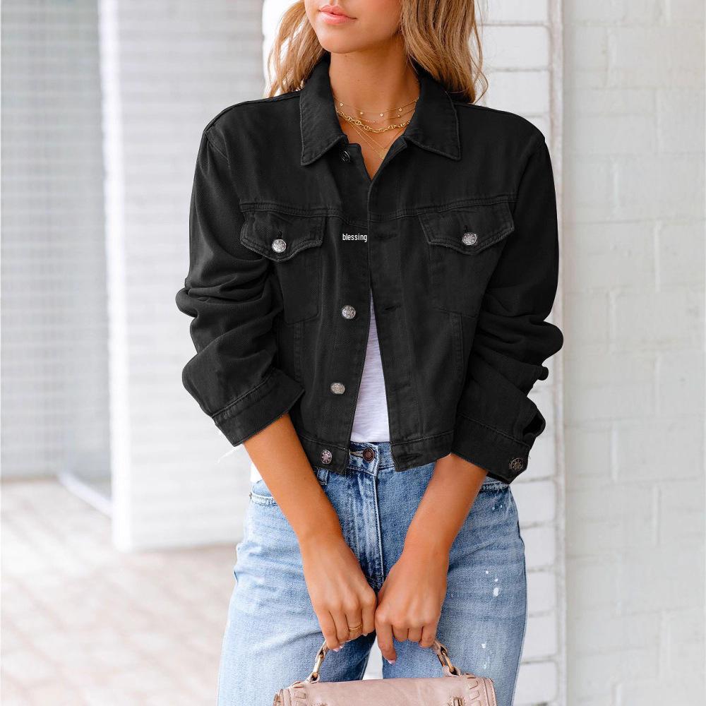 2025 Europäische & Amerikanische Grenzüberschreitende Mode Schlank geschnittene Damen Jeans Bomberjacke mit Umlegekragen & Taschen, Vielseitige einfarbige Oberbekleidung